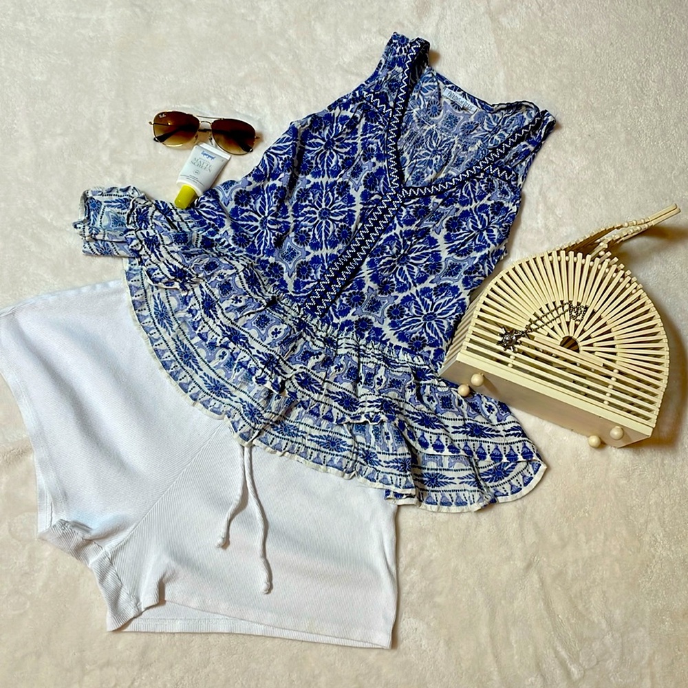 Urban Outfitters Patrons of Peace Hi Low Peplum Flowy Blue Floral Tank XS